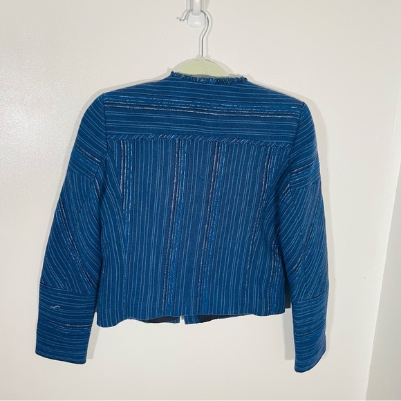 Sandro Egyptian Blue Asymmetrical Woven Denim Blazer Jacket French Denim Boho - Picture 9 of 11